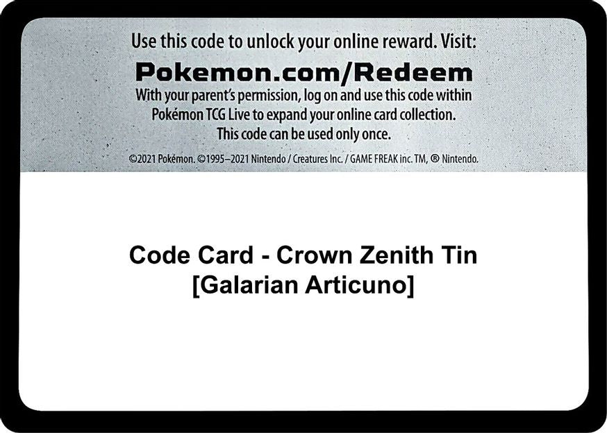 Code Card - Crown Zenith Tin [Galarian Articuno]